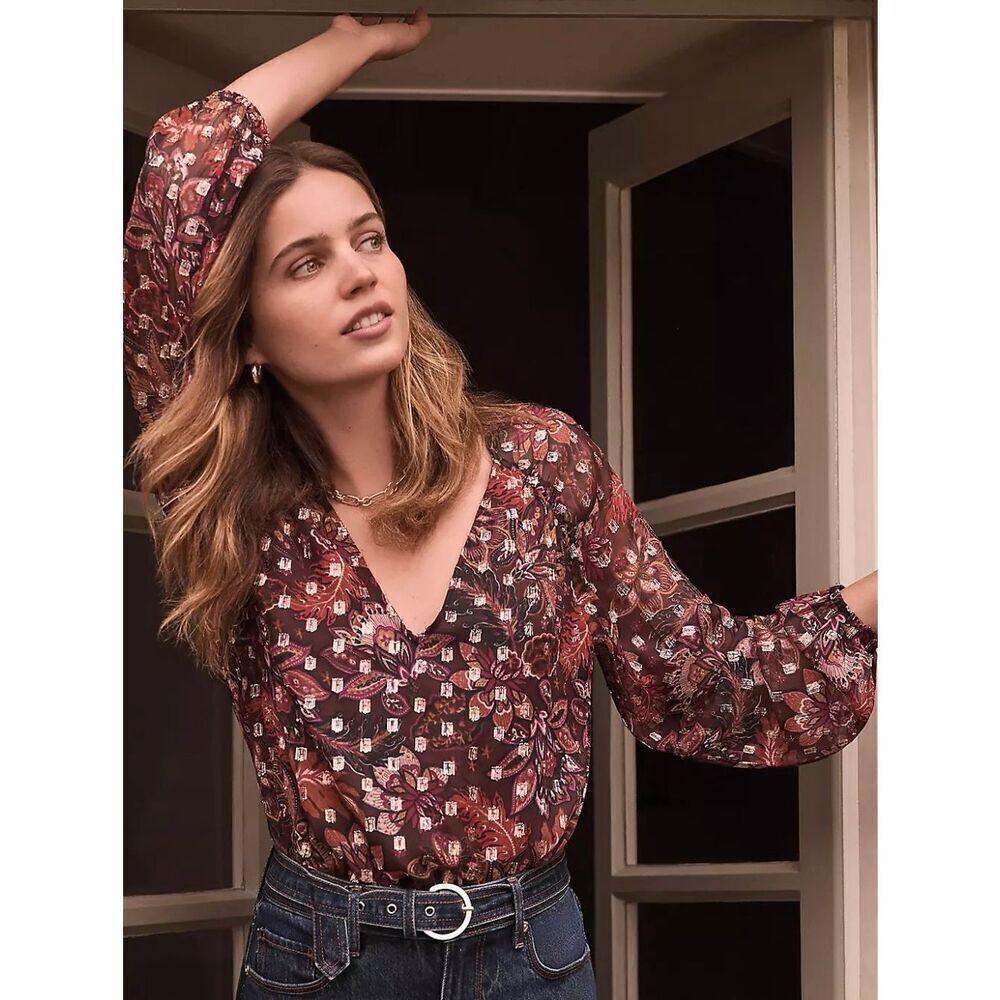 LOFT Metallic Floral Blouse Brown Red Sheer Boho Fall Top Long Sleeve Lined L